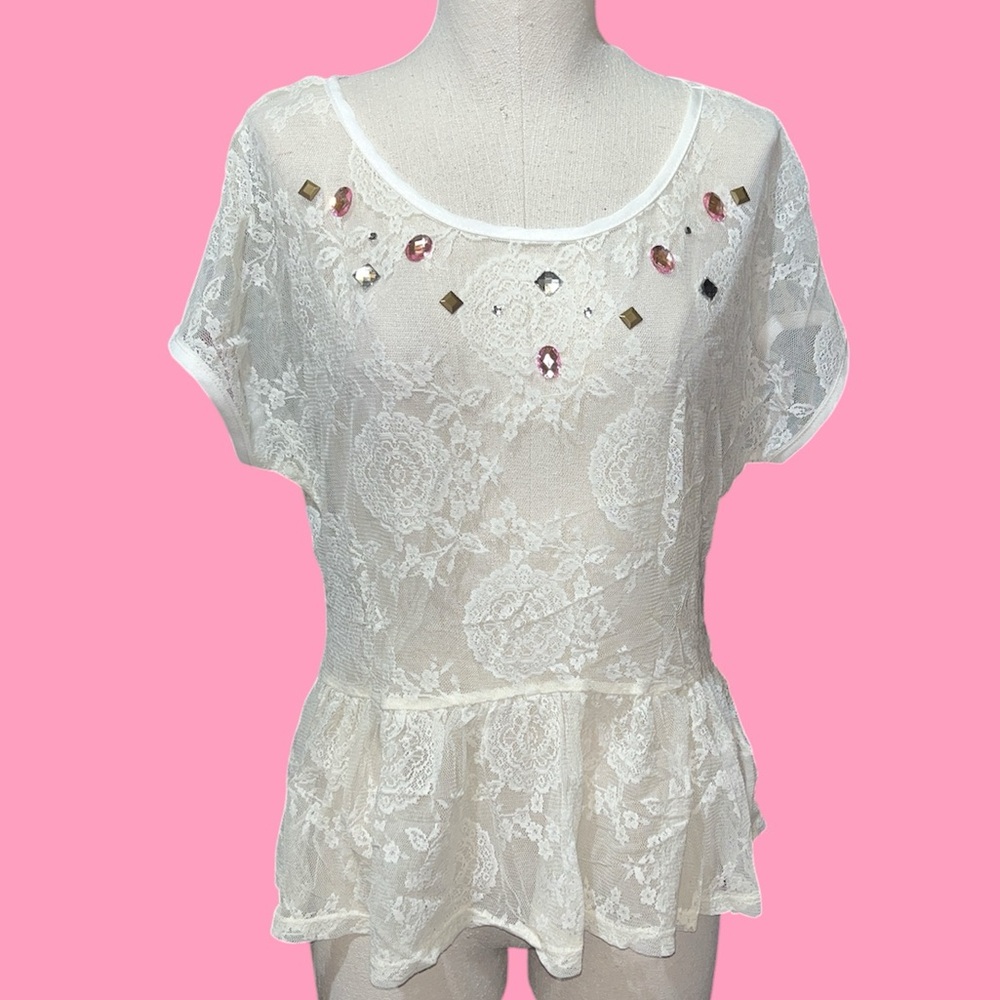 Y2K Delia’s floral lace white blouse gems bedazzled medium fairy angel festival